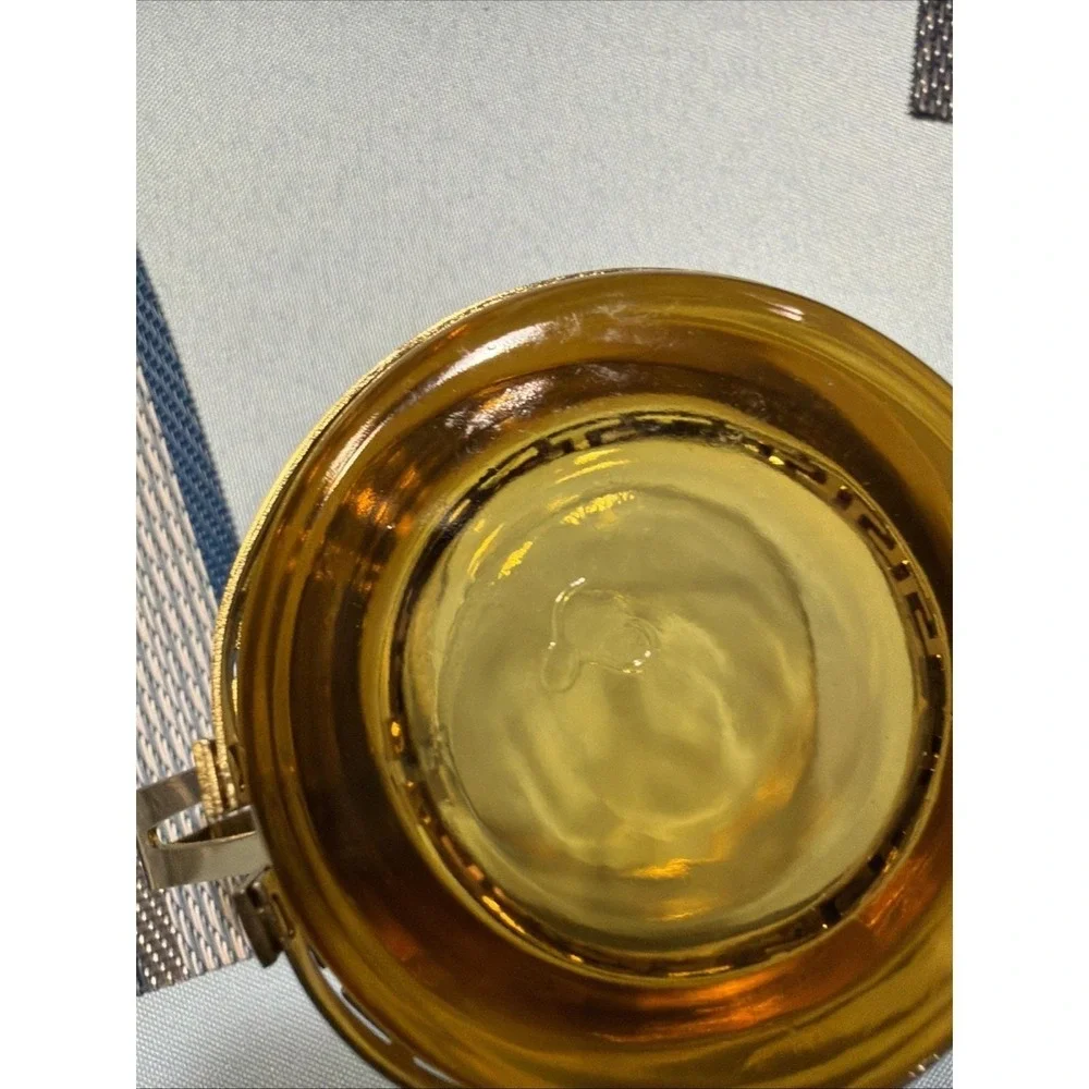 Vintage Amber Glass Cup with Greek Key Gold Tone Metal Base and Handle Espresso